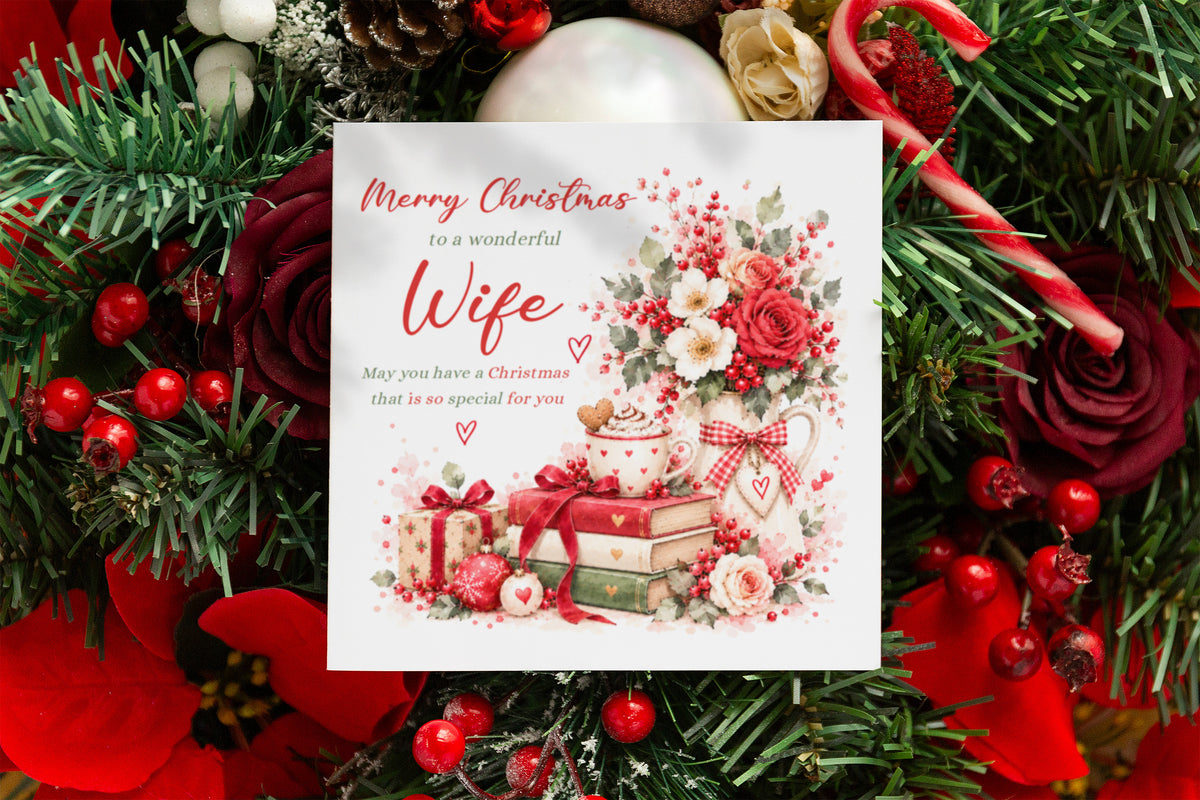 Christmas Card for Wife – Romantic Red Roses & Festive Floral Design