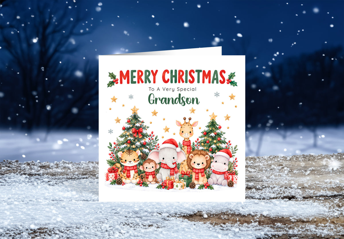 Jungle Animals Christmas Card for Grandson - Cute Safari Animals Design