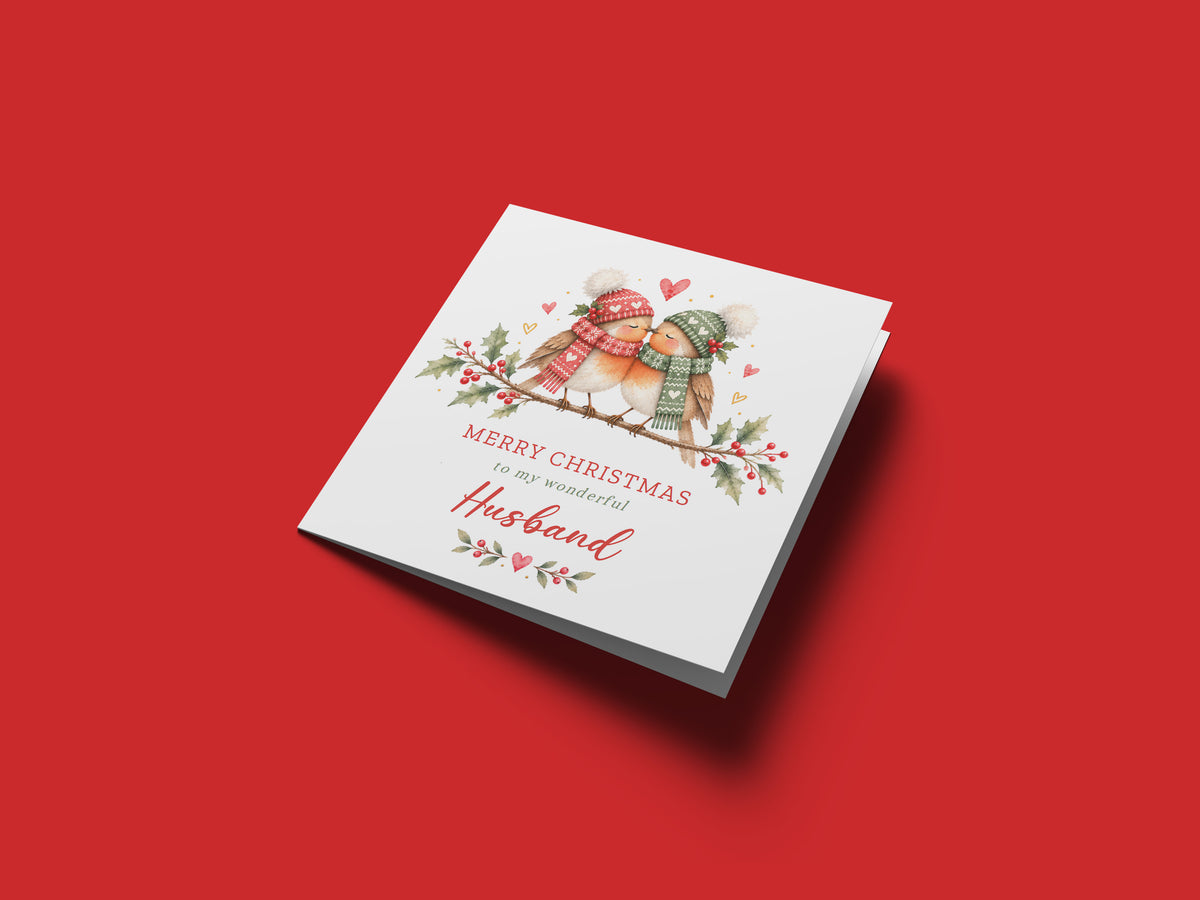 Cute Robin Couple Christmas Card for Husband – Merry Christmas My Wonderful Husband