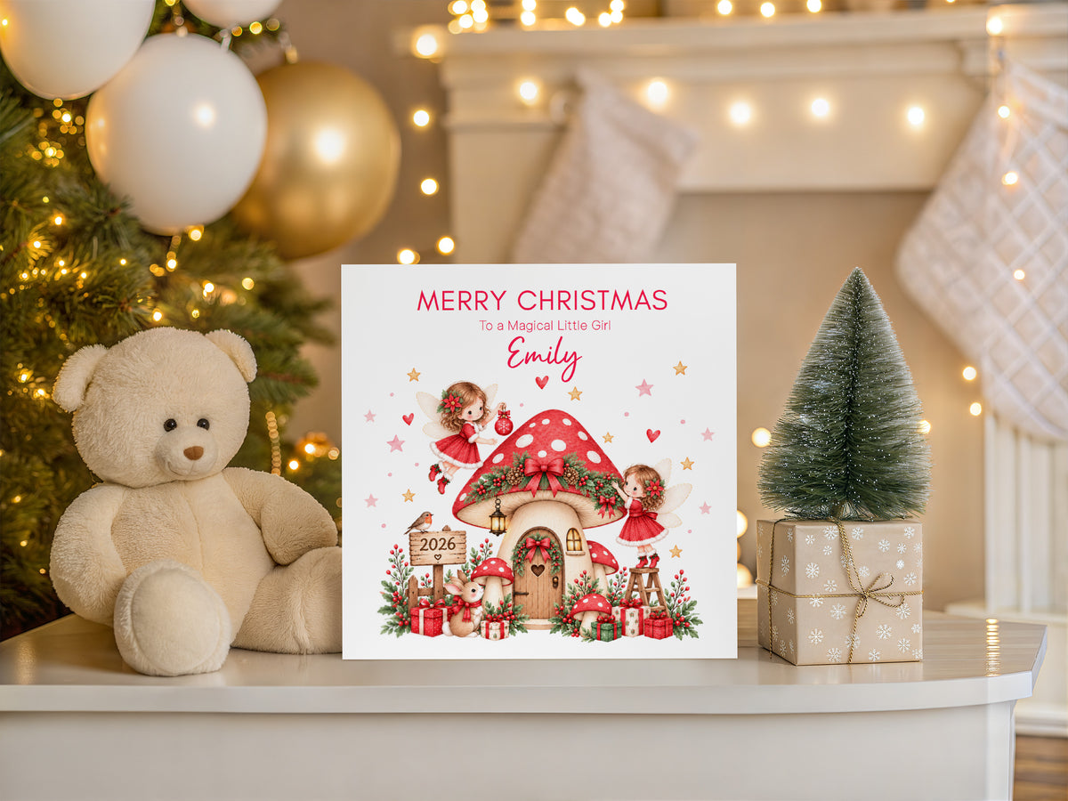 Personalised Red Magical Fairy Christmas Card for Girls