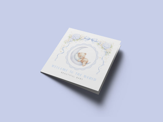 New Baby Boy Card Congratulations for Newborn Son, Grandson, Nephew, Little One, Welcome To The World, Baby Shower Card - Cute Teddy Bear on a Moon Design - Blue Envelope Included