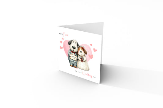 Cute Dog Wedding Card – Wedding Congratulations Card – Adorable Animal Wedding Card – Romantic Wedding Day Card for Newlywed couples, Dog Lovers, Him or Her – Pink Envelope Included