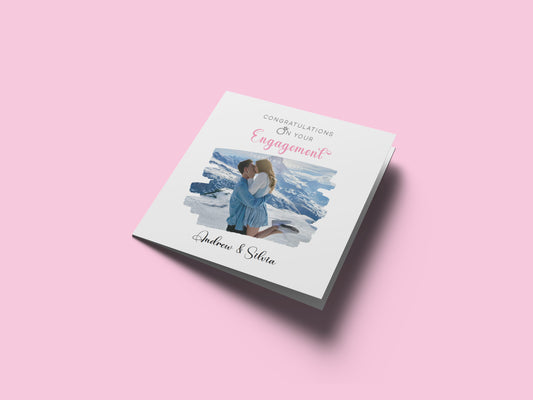 Personalised Photo Engagement Card – Custom Photo & Couple's Names - Brushstroke Photo Frame Design - Congratulations Engagement Card for Newly Engaged Couples - Pink Envelope Included