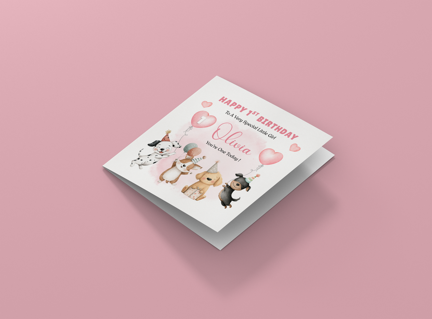 Personalised 1st Birthday Card for Baby Girl – Cute Puppy Dogs Design with Customised Name and Message– One Year Old First Birthday Card for Daughter, Granddaughter, Niece – Pink Envelope Included