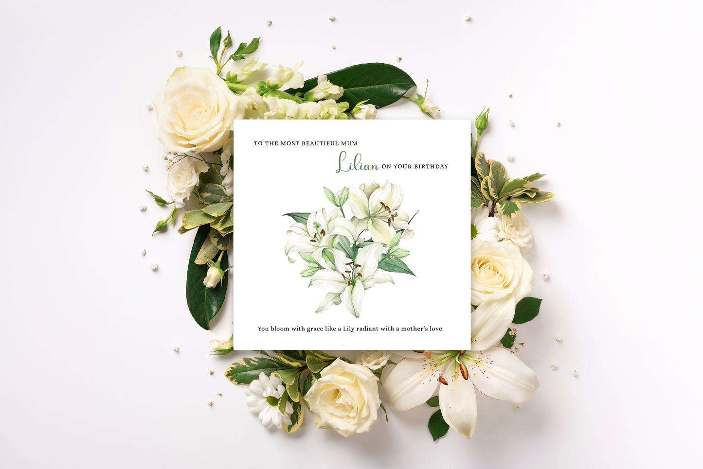 Personalised Mum Birthday Card – Elegant Lily Flower Design – Custom Name & Message – Handmade Floral Watercolour Card for Mother, Mummy, Mam – Green Envelope Included