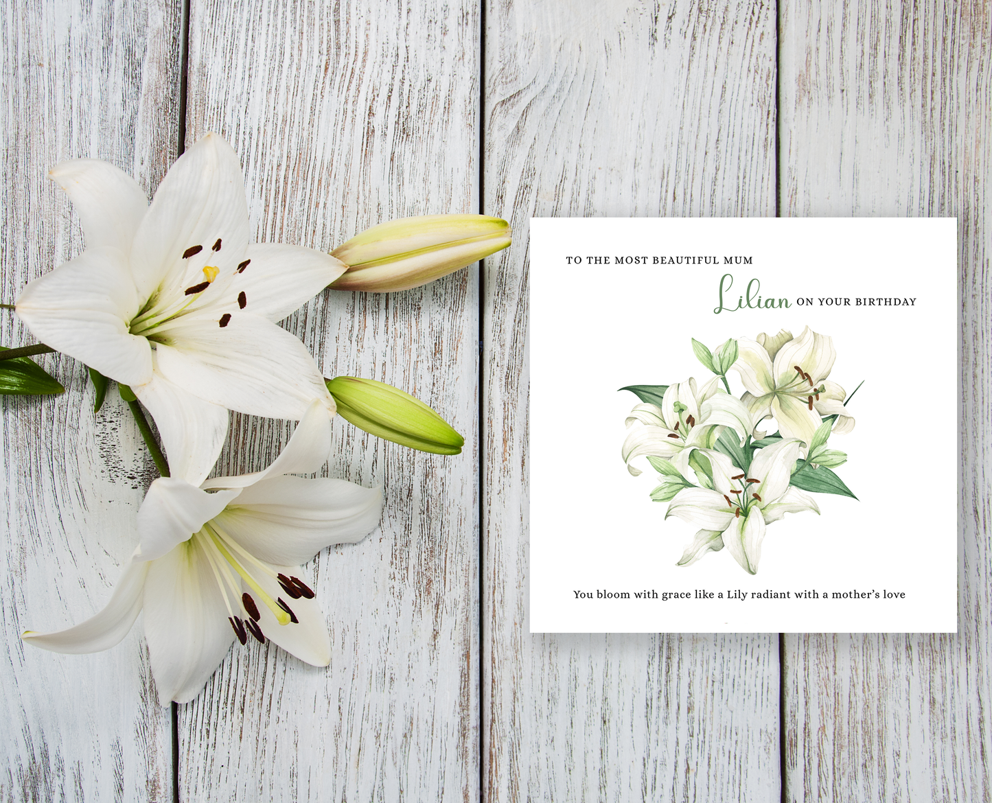 Personalised Mum Birthday Card – Elegant Lily Flower Design – Custom Name & Message – Handmade Floral Watercolour Card for Mother, Mummy, Mam – Green Envelope Included