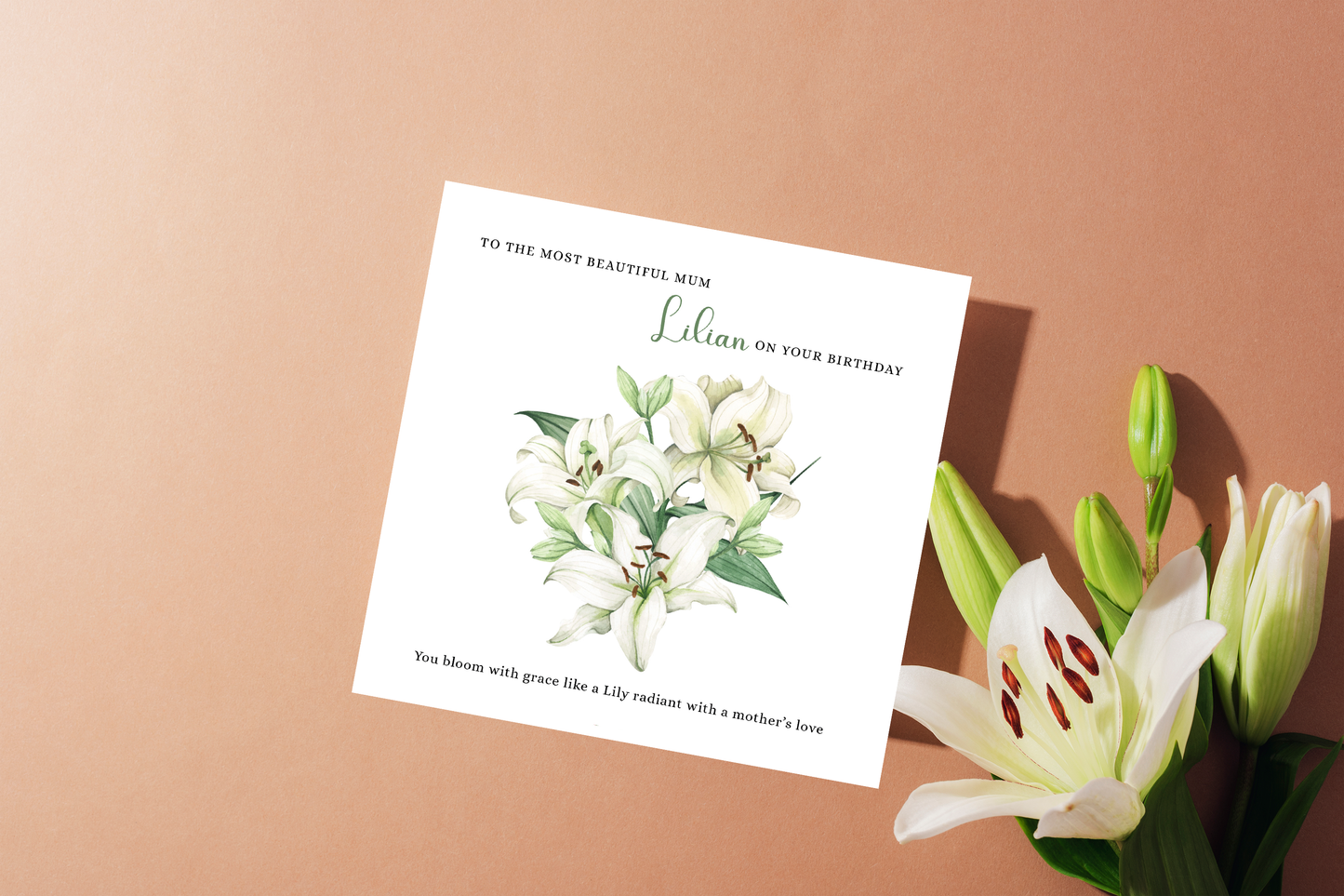 Personalised Mum Birthday Card – Elegant Lily Flower Design – Custom Name & Message – Handmade Floral Watercolour Card for Mother, Mummy, Mam – Green Envelope Included