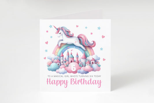 Magical Birthday Card for 6 Years Old 6th Birthday Girls – Sweet Unicorn and Rainbow Design - Age 6 Birthday Card for Kids Children Daughter Granddaughter Niece - Pink Envelope Included