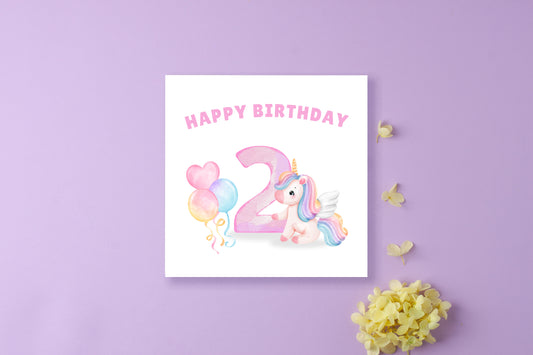 Magical Unicorn with Big Number 2 Design- 2rd Birthday Card for Toddler - 2 Years Old Birthday Card for Baby Girl, Daughter, Granddaughter, Niece, Children's Birthday Card – Purple Envelope Included