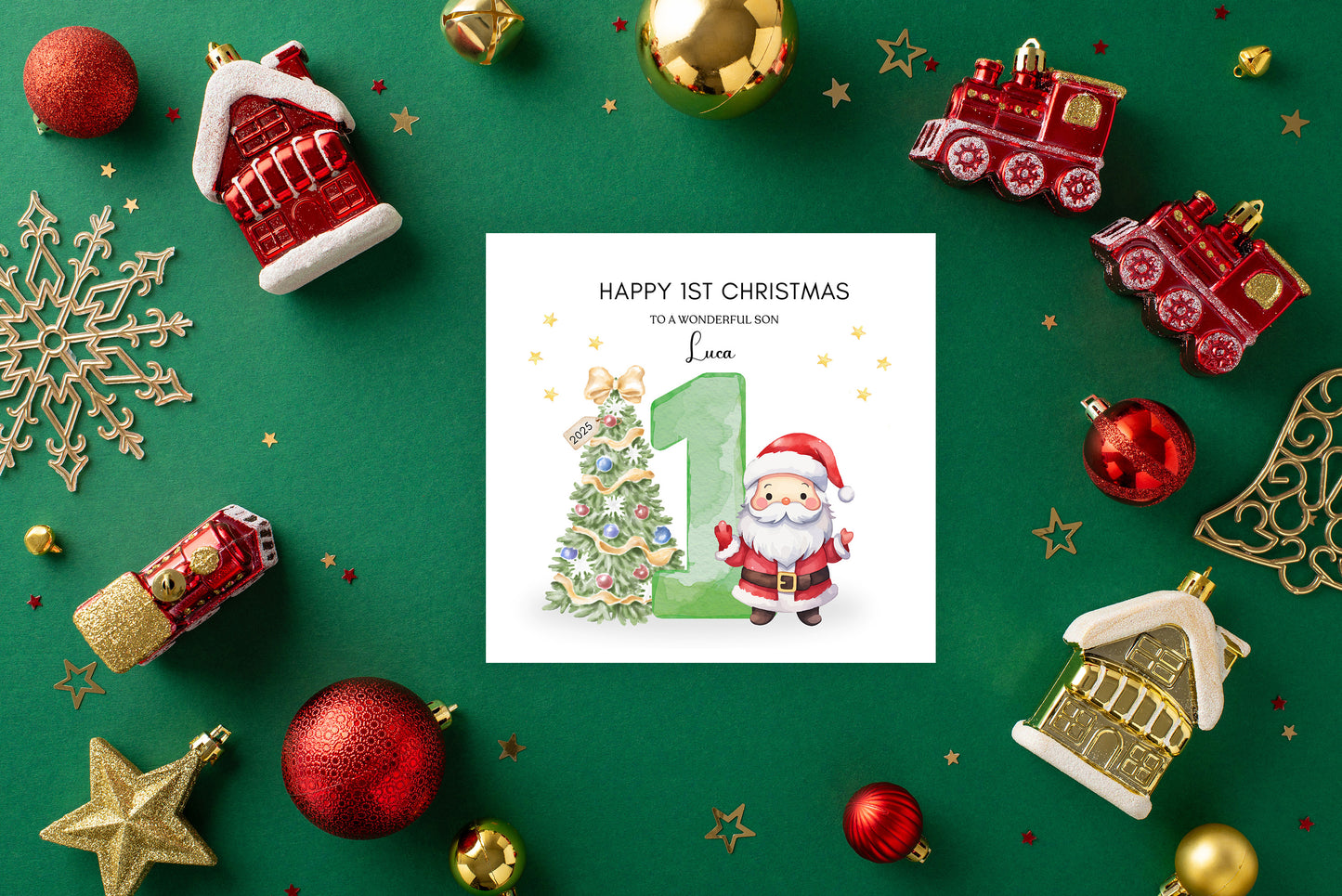 Personalised 1st Christmas Card for Baby Boy – Cute Santa and Christmas Tree Design with Customised Name & Message, Watercolor First Xmas Card for Son, Grandson, Nephew - Green Envelope Included