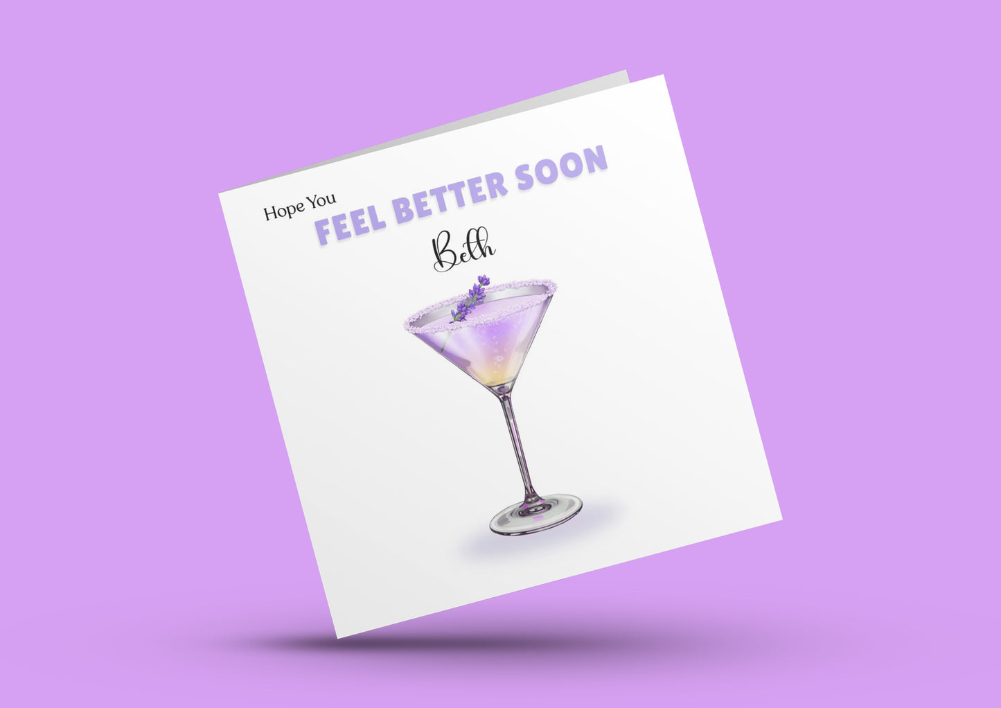 Lavender Cocktail -Personalised Hope You Feel Better Soon Folded Card, Get Well Card, Thinking of You Card, Sympathy Folded Card