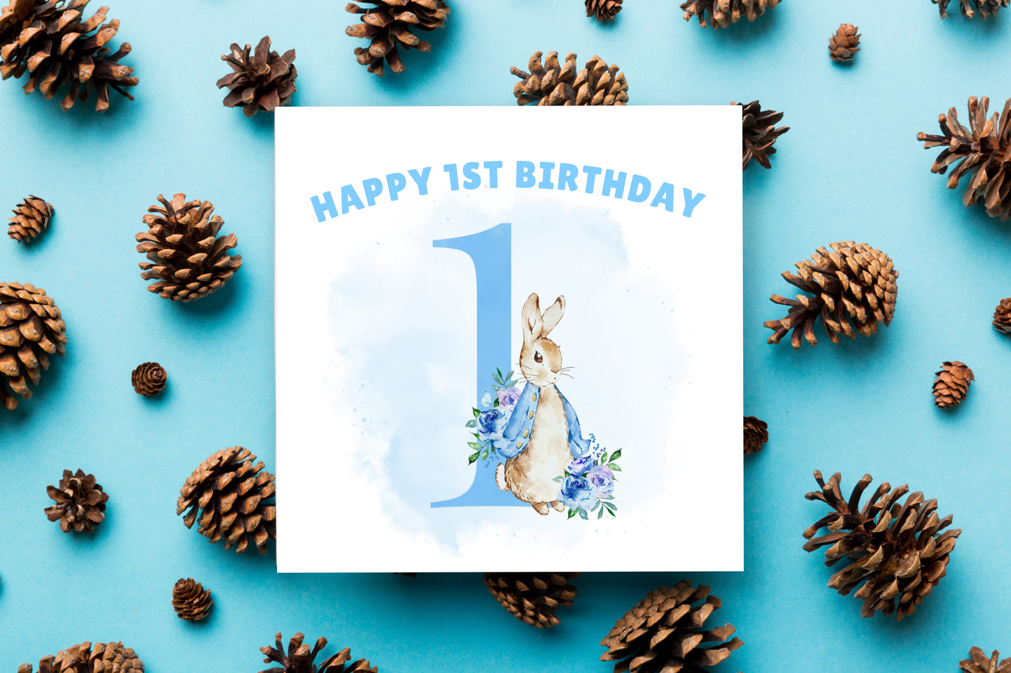 Blue Rabbit - 1st Birthday Card for Baby Boy – Cute Rabbit with a big Number 1 Design – Watercolour First Birthday Card for Son, Grandson, Nephew – Blue Envelope Included