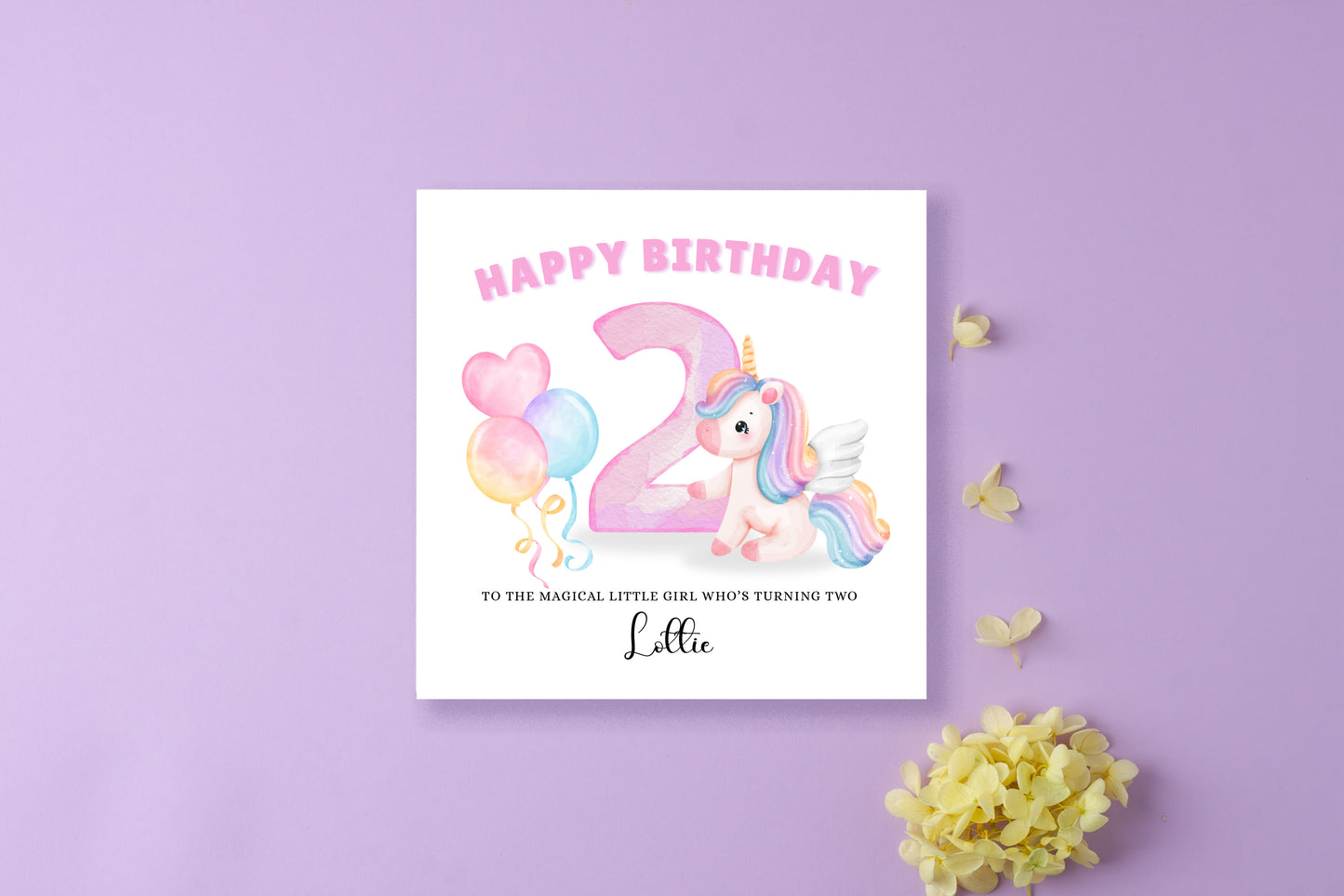 Unicorn -Personalised Watercolour Effect 2 Year Old Birthday Folded Card for Girls who loves Fairy Tales, Custom Name and Mesage Happy 2nd Birthday Card, Customisable Birthday Card for Children