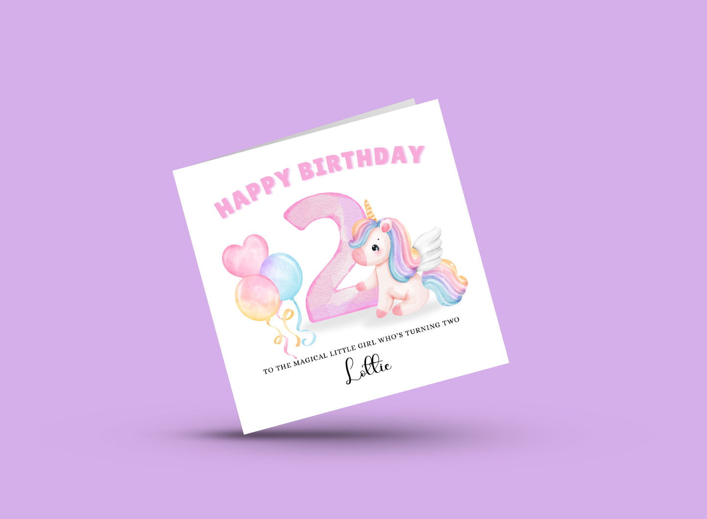 Unicorn -Personalised Watercolour Effect 2 Year Old Birthday Folded Card for Girls who loves Fairy Tales, Custom Name and Mesage Happy 2nd Birthday Card, Customisable Birthday Card for Children