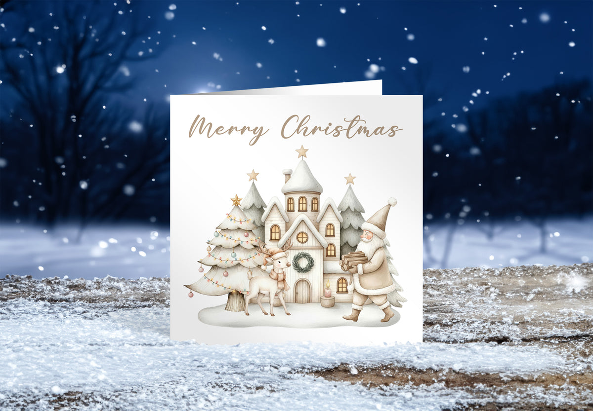 Beige Christmas Card for Him or for Her – Santa & Reindeer
