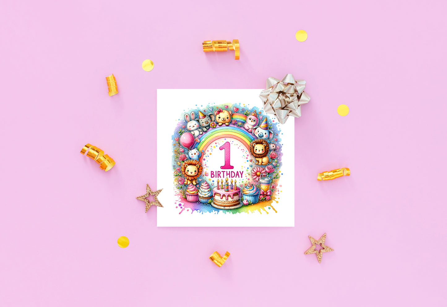 1st Birthday Card for Baby Girl – Colourful Animal Design – Watercolour One Year Old First Birthday Card for Girl, Little One, Daughter, Granddaughter, Niece – Pink Envelope Included