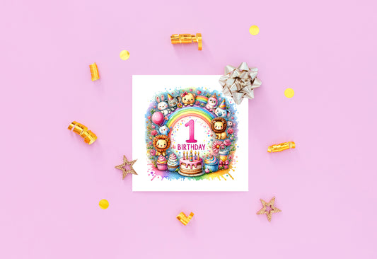 1st Birthday Card for Baby Girl – Colourful Animal Design – Watercolour One Year Old First Birthday Card for Girl, Little One, Daughter, Granddaughter, Niece – Pink Envelope Included