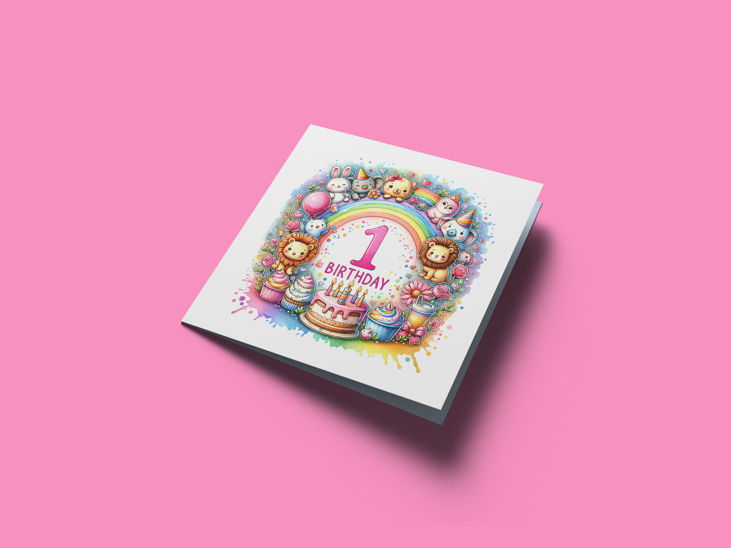 1st Birthday Card for Baby Girl – Colourful Animal Design – Watercolour One Year Old First Birthday Card for Girl, Little One, Daughter, Granddaughter, Niece – Pink Envelope Included