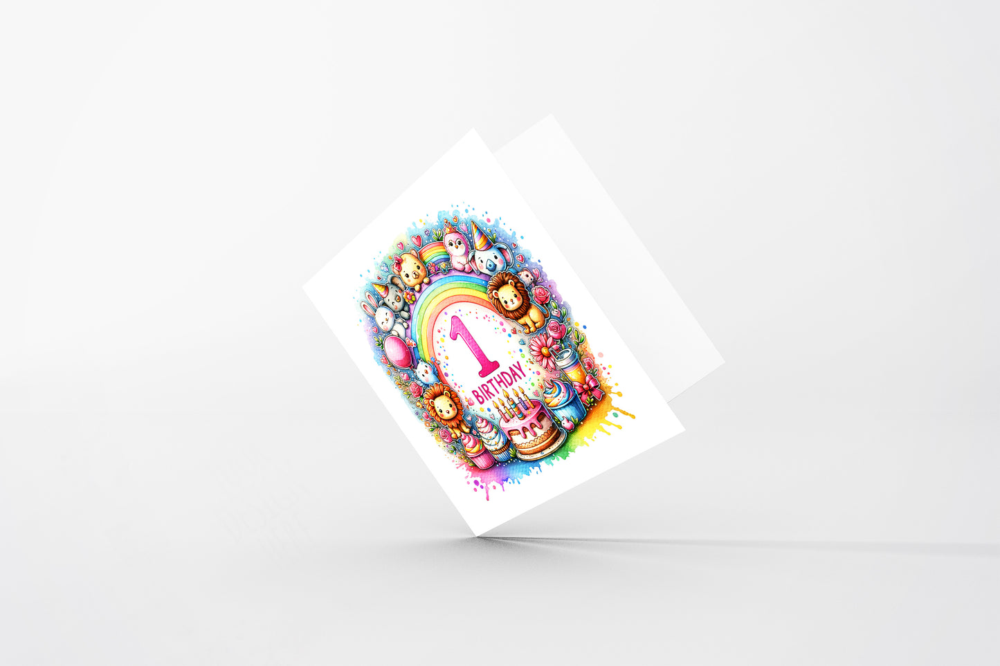1st Birthday Card for Baby Girl – Colourful Animal Design – Watercolour One Year Old First Birthday Card for Girl, Little One, Daughter, Granddaughter, Niece – Pink Envelope Included