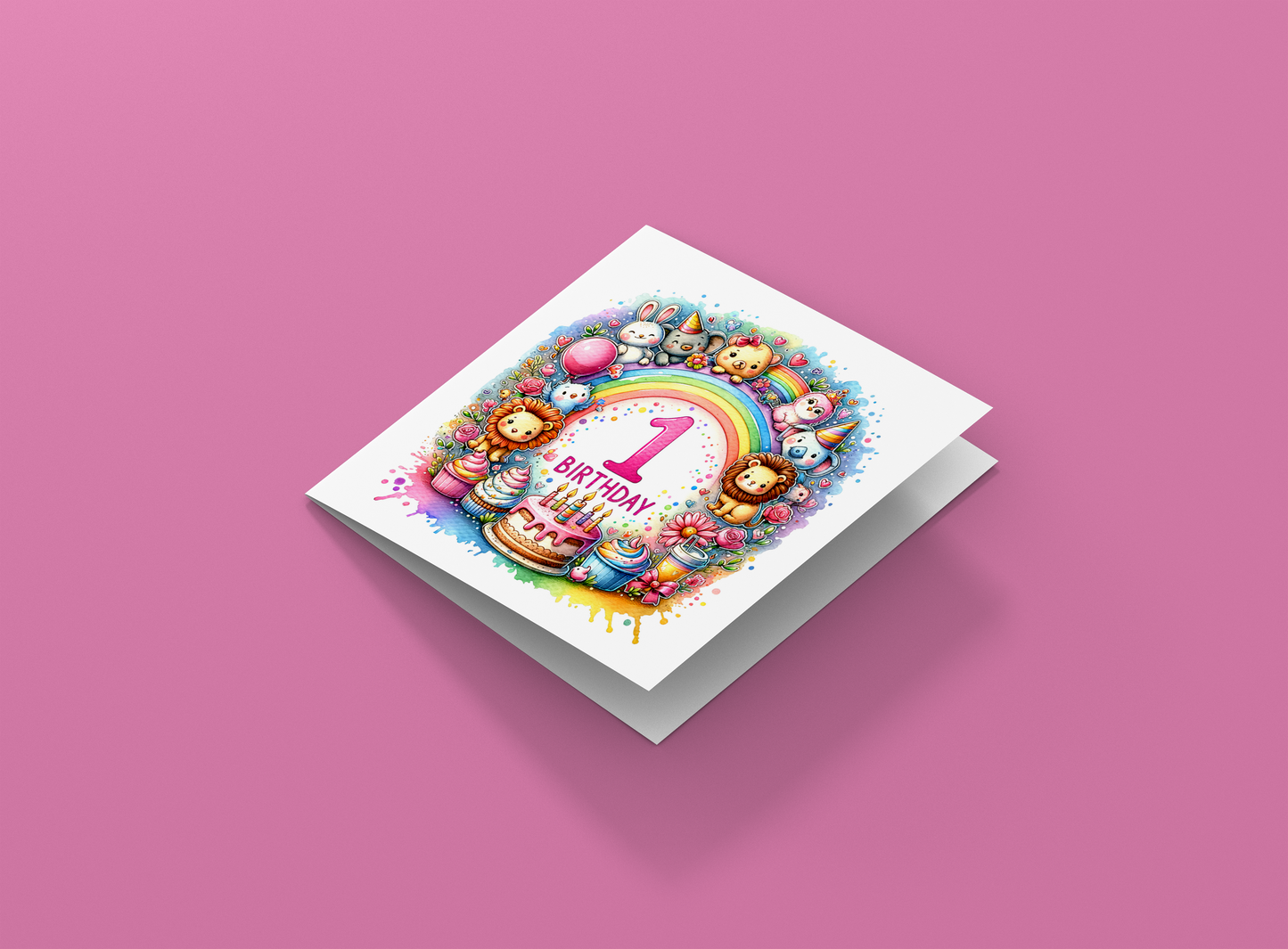 1st Birthday Card for Baby Girl – Colourful Animal Design – Watercolour One Year Old First Birthday Card for Girl, Little One, Daughter, Granddaughter, Niece – Pink Envelope Included