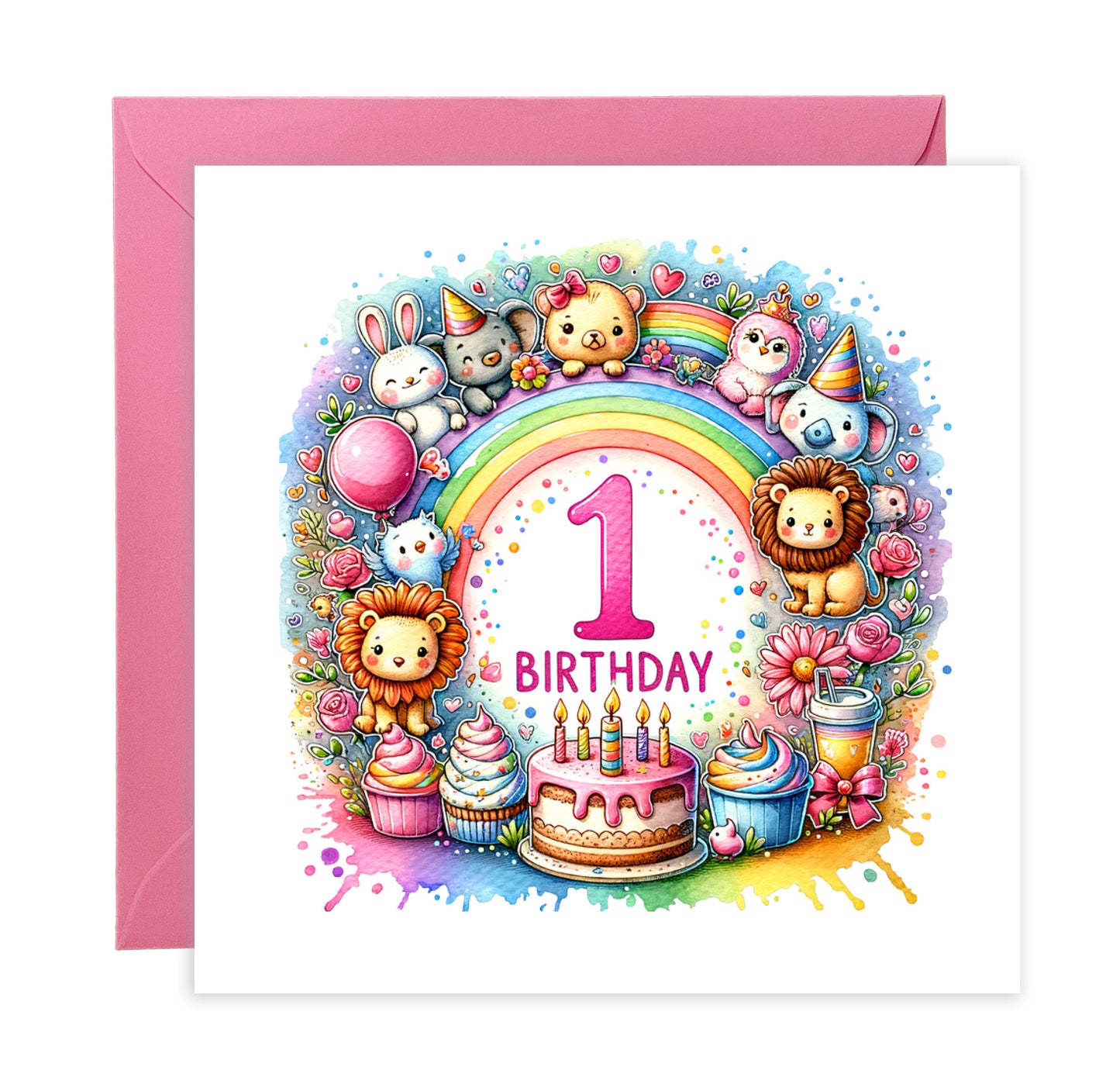 1st Birthday Card for Baby Girl – Colourful Animal Design – Watercolour One Year Old First Birthday Card for Girl, Little One, Daughter, Granddaughter, Niece – Pink Envelope Included
