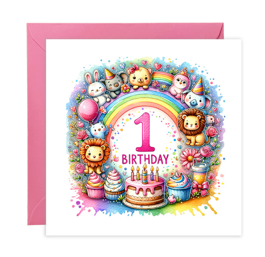 1st Birthday Card for Baby Girl – Colourful Animal Design – Watercolour One Year Old First Birthday Card for Girl, Little One, Daughter, Granddaughter, Niece – Pink Envelope Included