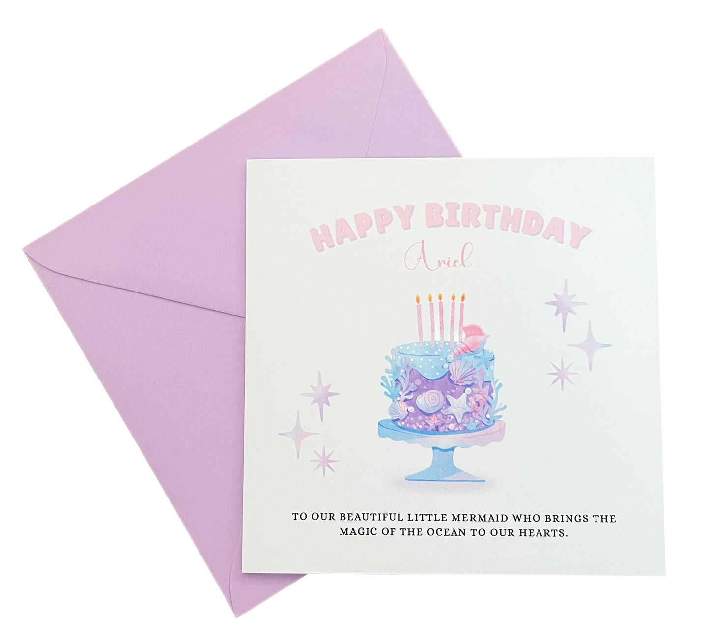 Little Mermaid Cake -Personalised Watercolour Style Birthday Folded Card for Girls who loves little mermaid theme, Custom Name and Message Happy Birthday Card, Customisable Birthday Card for Children