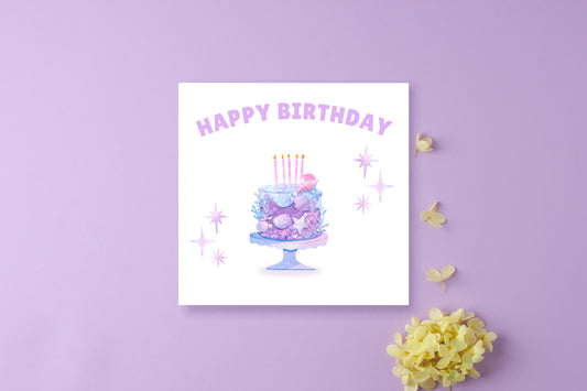 Little Mermaid Cake - Watercolour Style Birthday Folded Card for Girls who loves little mermaid theme, Happy Birthday Card, Birthday Card for Children