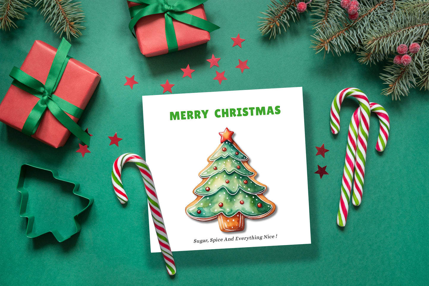 Merry Christmas Card - Gingerbread Xmas Tree Design - Watercolor Style Festive Card for Family, Friends, Coworkers & Loved Ones – Green Envelope Included