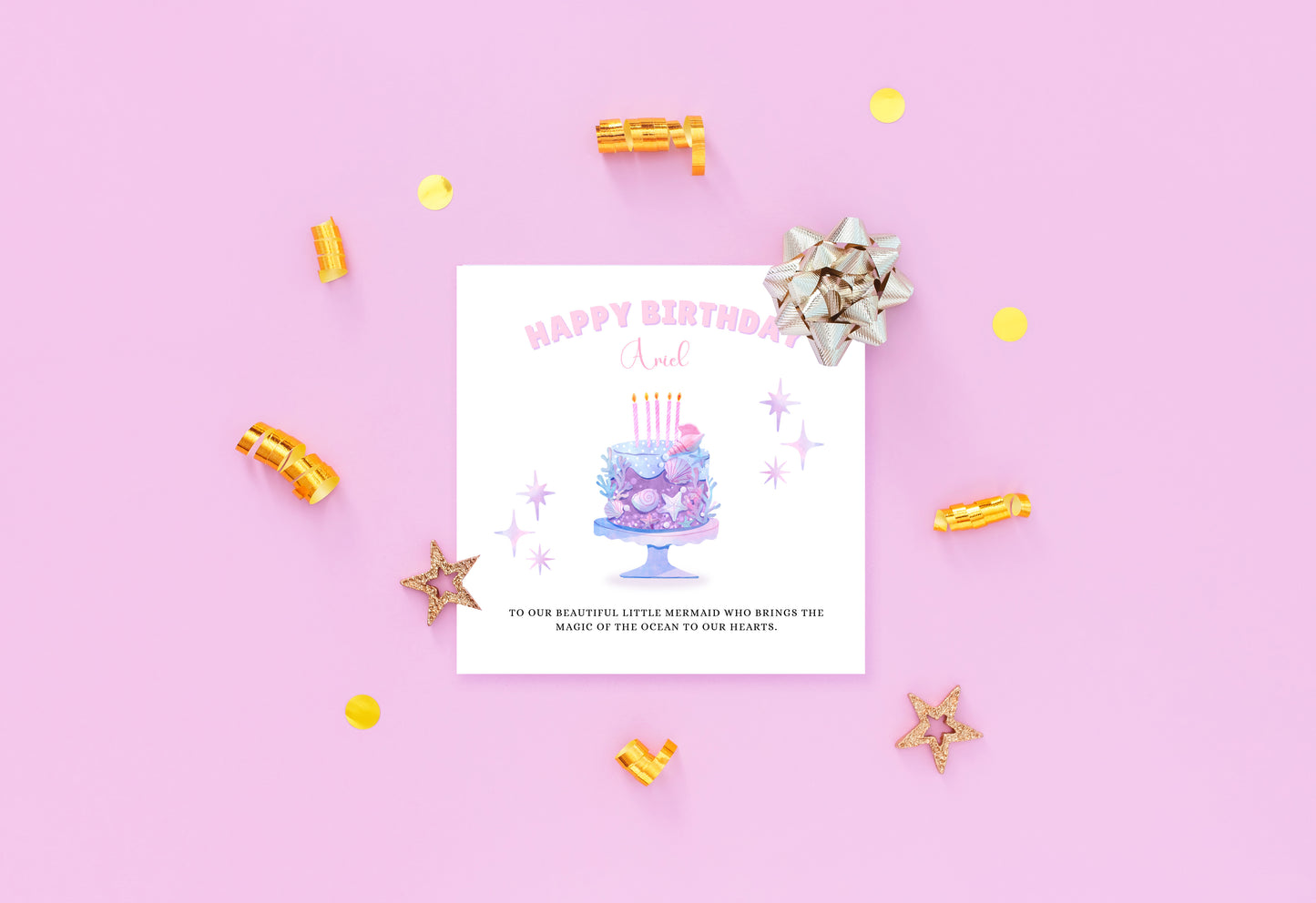 Little Mermaid Cake -Personalised Watercolour Style Birthday Folded Card for Girls who loves little mermaid theme, Custom Name and Message Happy Birthday Card, Customisable Birthday Card for Children