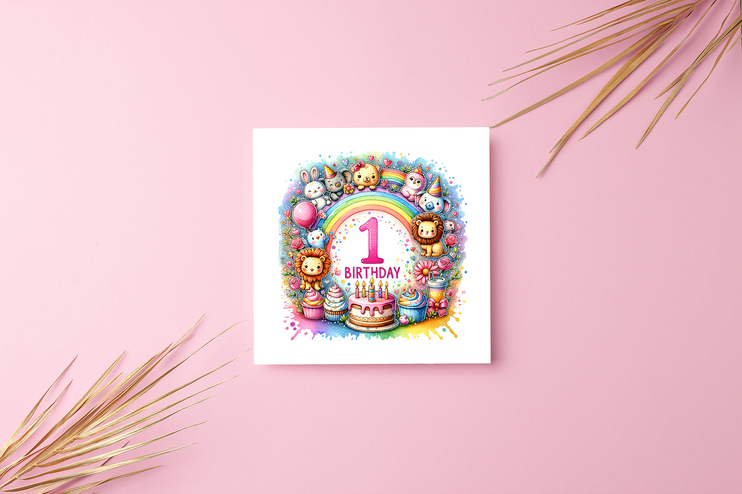 1st Birthday Card for Baby Girl – Colourful Animal Design – Watercolour One Year Old First Birthday Card for Girl, Little One, Daughter, Granddaughter, Niece – Pink Envelope Included