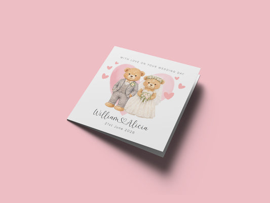 Personalised Wedding Card for Bride & Groom with Custom Names & Date - Cute Teddy Bear Design Wedding Greeting Keepsake Card for Him or Her - Pink Envelope Included