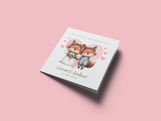 Personalised Wedding Card with Custom Couple's Names & Wedding Date – Cute Fox Design - Wedding Congratulations Card for Newlywed couples, Animal Lovers, Him or Her - Pink Envelope Included