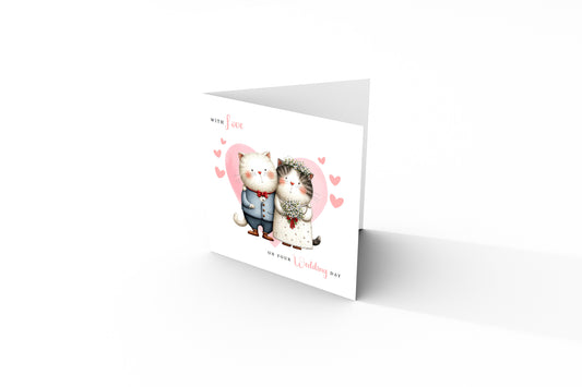 Cute Cat Wedding Card – Wedding Congratulations Card – Adorable Animal Wedding Card – Romantic Wedding Day Card for Newlywed couples, Cat Lovers, Him or Her – Pink Envelope Included