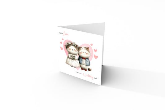 Cute Cat Wedding Card – Wedding Congratulations Card – Adorable Animal Wedding Card – Romantic Wedding Day Card for Newlywed couples, Animal Lovers, Him or Her – Pink Envelope Included