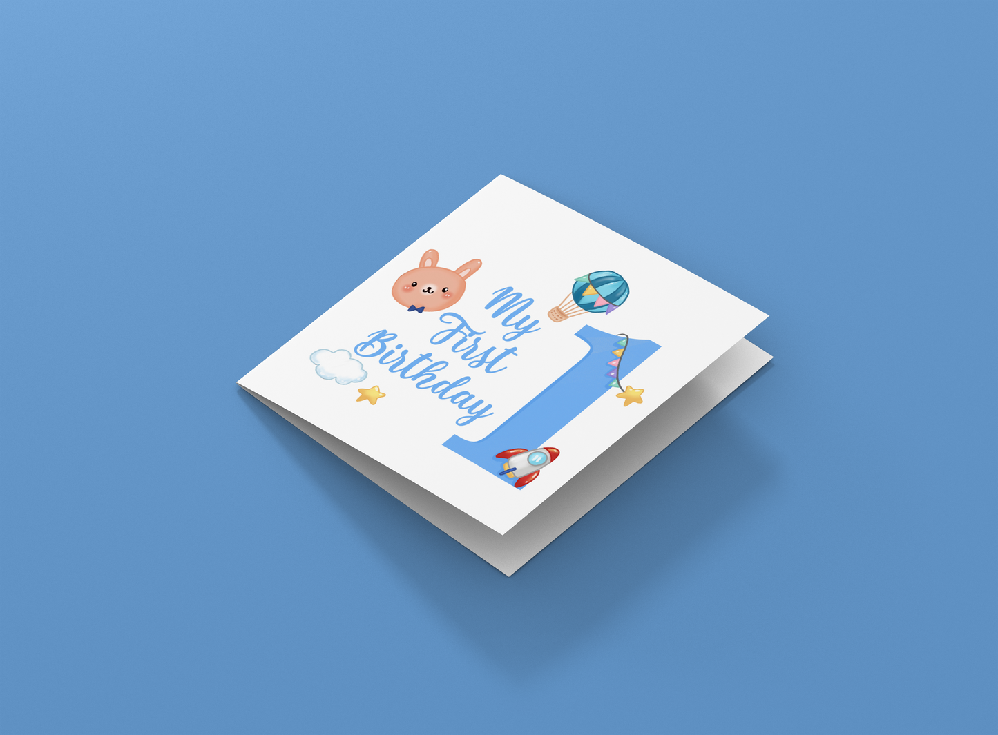 1st Birthday Card for Baby Boy – Blue Bunny Design with Rocket, Hot Air Balloon & Stars – Handmade Watercolour First Birthday Card for Boy, Son, Grandson, Nephew – Blue Envelope Included