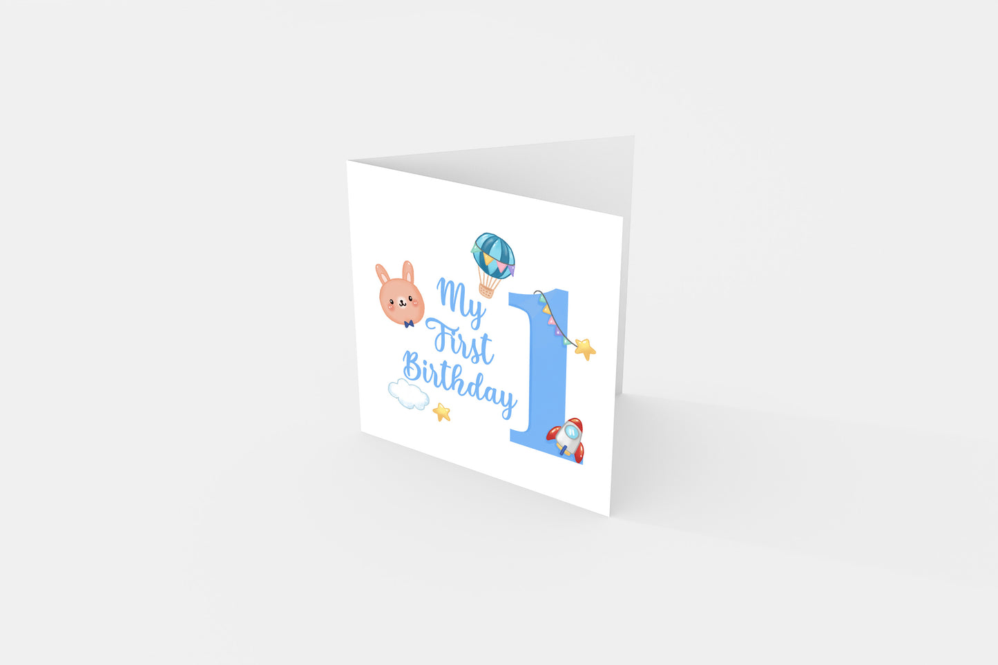 1st Birthday Card for Baby Boy – Blue Bunny Design with Rocket, Hot Air Balloon & Stars – Handmade Watercolour First Birthday Card for Boy, Son, Grandson, Nephew – Blue Envelope Included