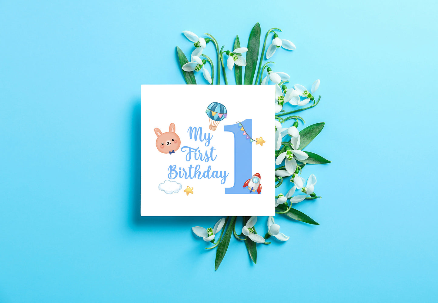 1st Birthday Card for Baby Boy – Blue Bunny Design with Rocket, Hot Air Balloon & Stars – Handmade Watercolour First Birthday Card for Boy, Son, Grandson, Nephew – Blue Envelope Included