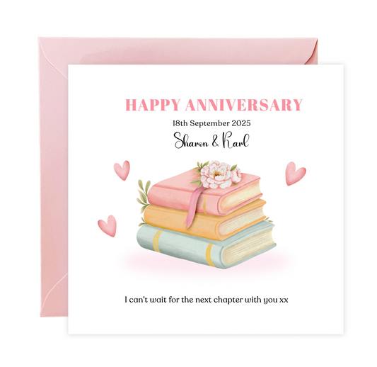 Personalized Wedding Anniversary Card – Books & Flowers Design with Customised Names, Date and Message – for Couples, Husband, Wife, Relationship, Engagement, 1st Date – Pink Envelope Included
