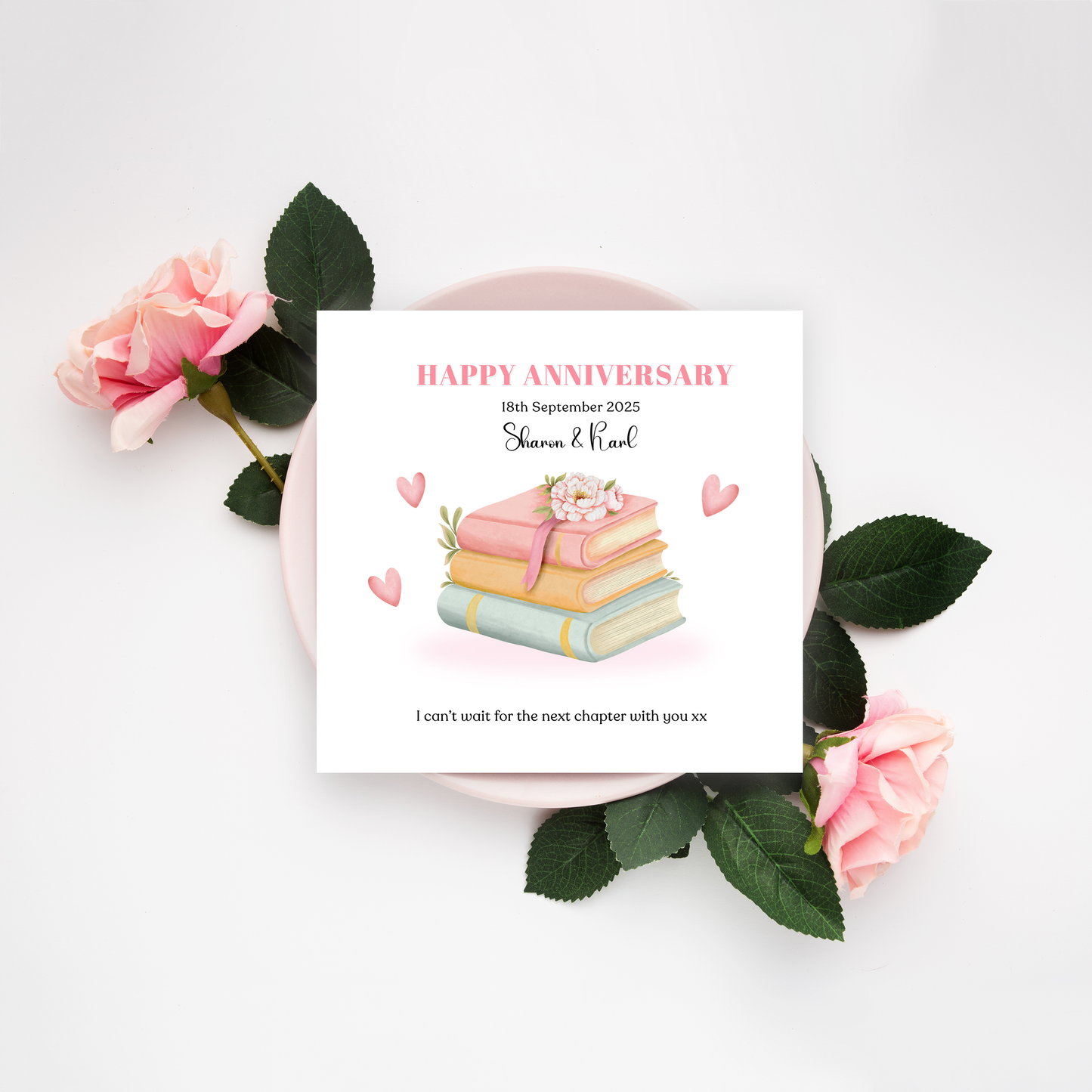 Personalized Wedding Anniversary Card – Books & Flowers Design with Customised Names, Date and Message – for Couples, Husband, Wife, Relationship, Engagement, 1st Date – Pink Envelope Included