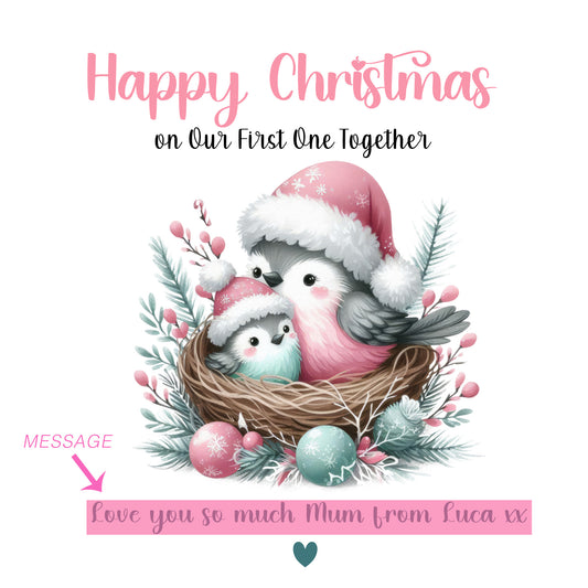 Personalised First Christmas Card for New Mum, Baby Boy or Baby Girl - Customised Message – Cute Robin Birds Design – New Mum Mummy, Son or Daughter Xmas Card- Pink Envelope Included