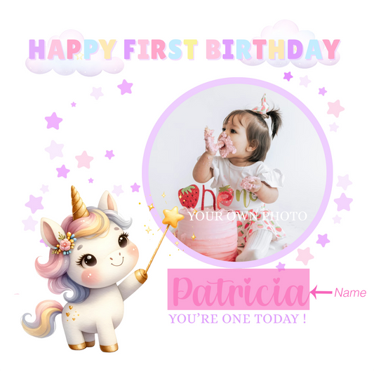 Personalised Photo 1st Birthday Card for Baby Girl – Cute Unicorn Design with Custom Photo and Name – One Year Old First Birthday Card for Daughter, Granddaughter, Niece – Pink Envelope Included