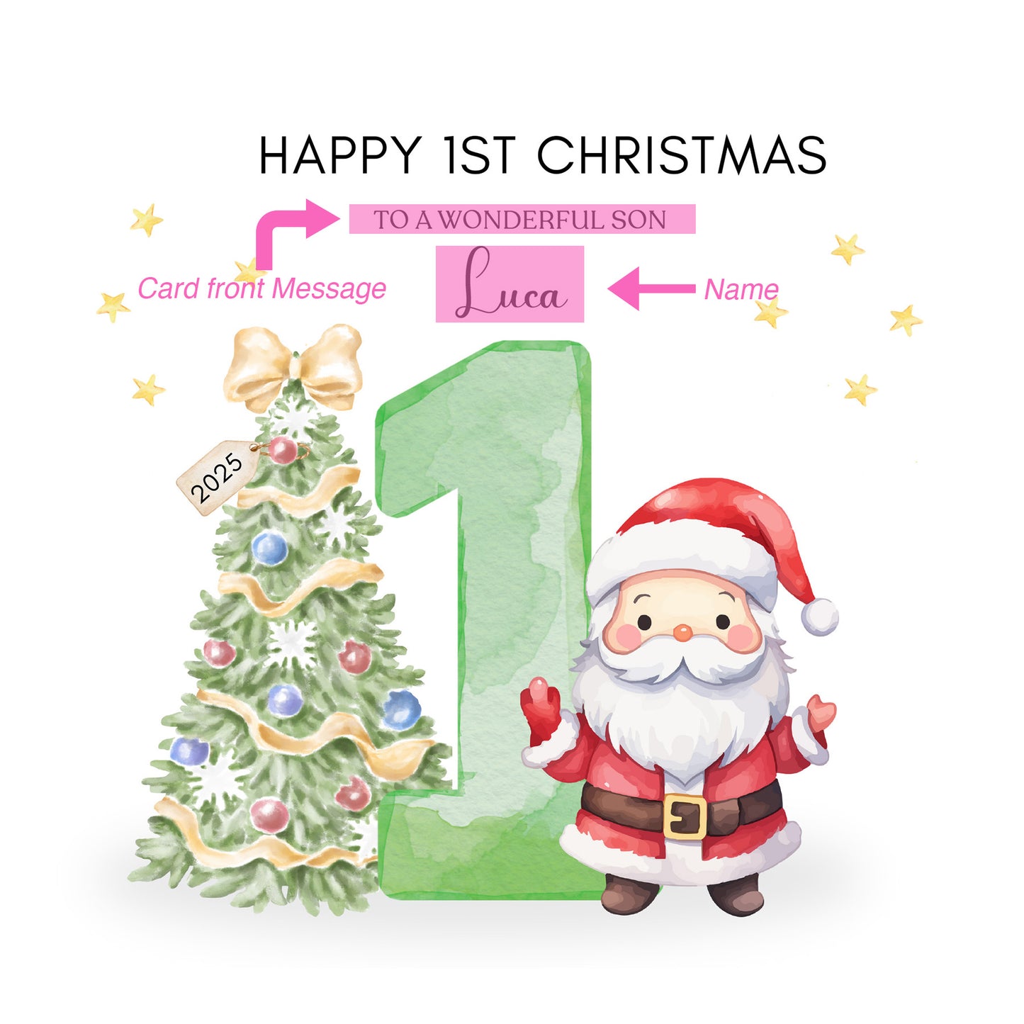 Personalised 1st Christmas Card for Baby Boy – Cute Santa and Christmas Tree Design with Customised Name & Message, Watercolor First Xmas Card for Son, Grandson, Nephew - Green Envelope Included