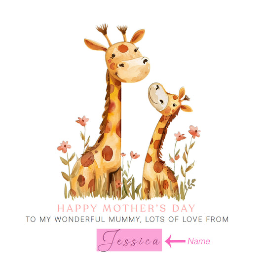 Personalised Happy Mother's Day Card with Custom Name for Her, Mummy, Mama, Mum, Mother to be, Grandma from Children, Son & Daughter – Cute Giraffe Mum & Kid - Brown kraft Envelope Included