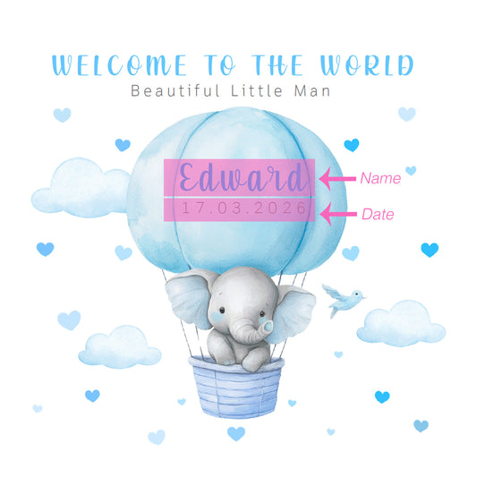 Personalised New Baby Boy Card Congratulations for Newborn Son, Grandson, Nephew, Welcome To The World Card - Elephant in a Hot Air Balloon Design with Custom Name and Date - Blue Envelope Included