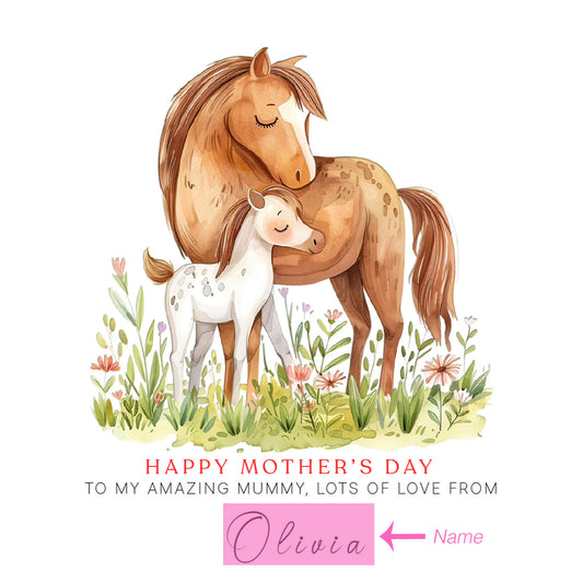 Personalised Happy Mother's Day Card with Custom Name for Mummy, Mama, Mother to be, Step-Mum, Grandma from Children, Son & Daughter – Beautiful Horse Mum & Kid - Pink Envelope Included