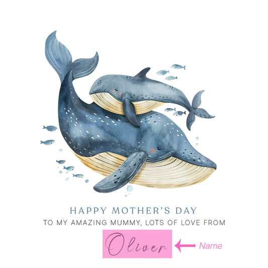 Personalised Happy Mother's Day Card with Custom Name for Mummy, Mama, Mother to be, Step-Mum, Grandma, Ocean Lover from Children, Son & Daughter – Beautiful Whale Mum & Kid - Pink Envelope Included