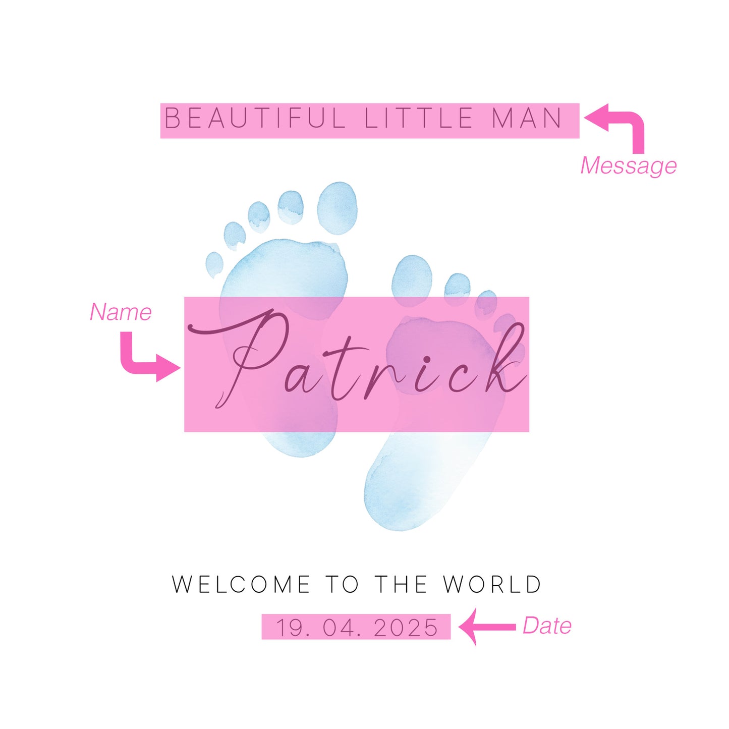 Personalised New Baby Card for Baby Boy, Welcome To The World Newborn, Baby Shower Card for Son, Grandson, Nephew, Little One, Baby Feet Design with Customised Name, Date and Message – Blue Envelope Included