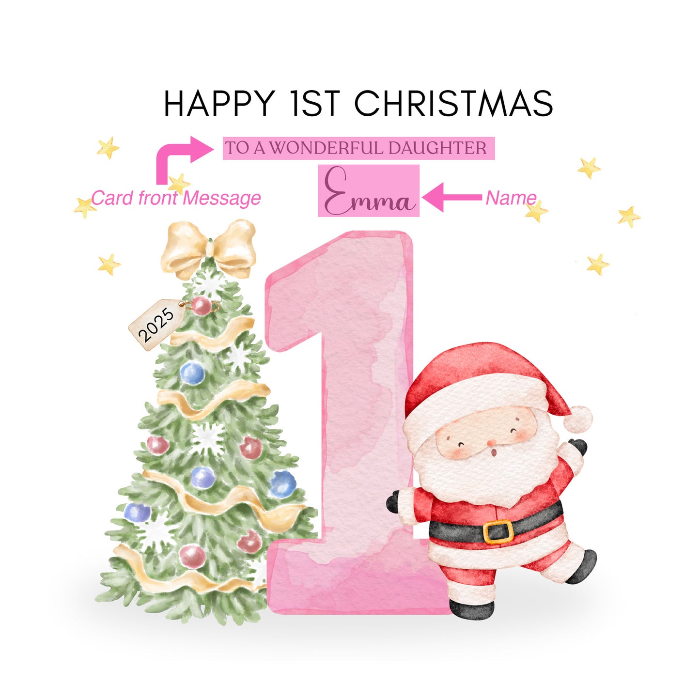 Personalised 1st Christmas Card for Baby Girl– Cute Santa and Xmas Tree Design with Customised Name and Message, Watercolor First Xmas Card for Daughter, GrandDaughter, Niece - Pink Envelope Included