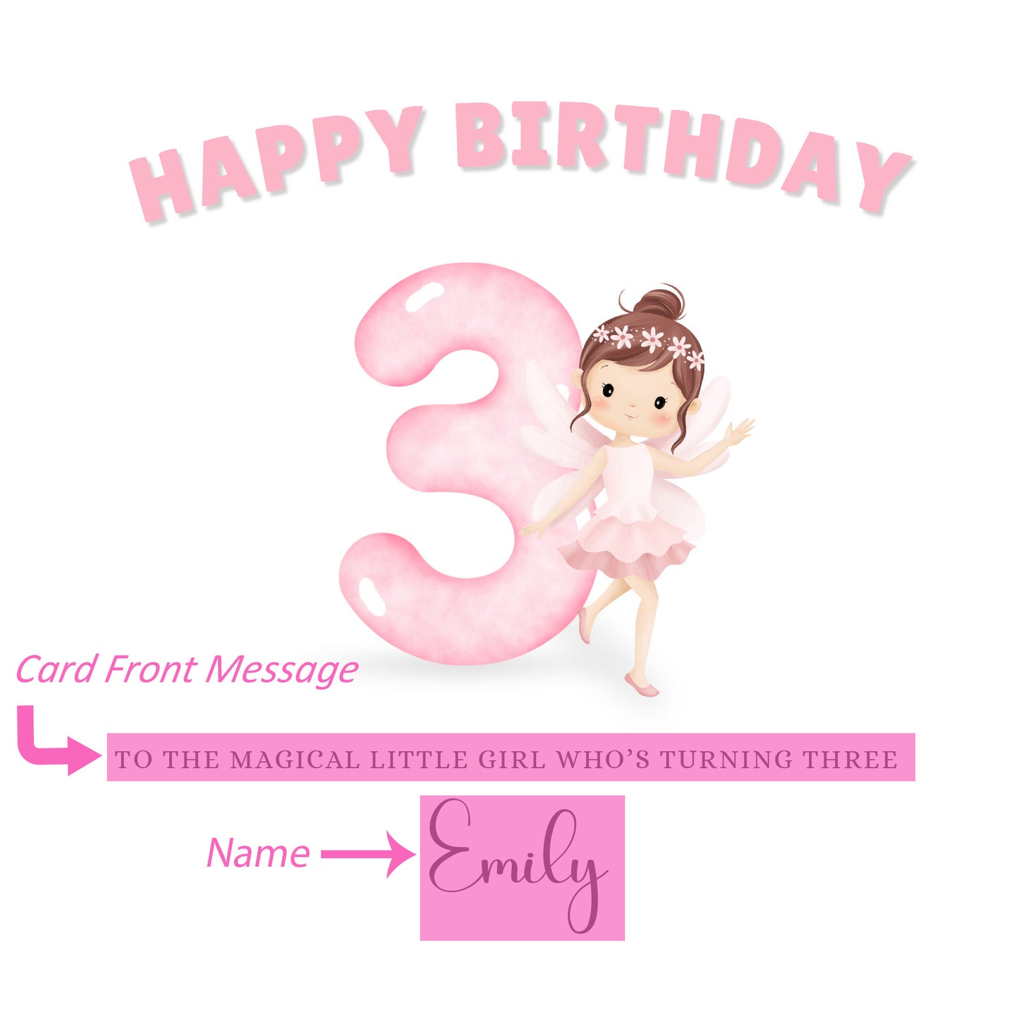 Fairy -Personalised Watercolour Style 3 Year Old Birthday Folded Card for Girls who loves Fairy Tales, Custom Name and Message Happy 3rd Birthday Card, Customisable Birthday Card for Children